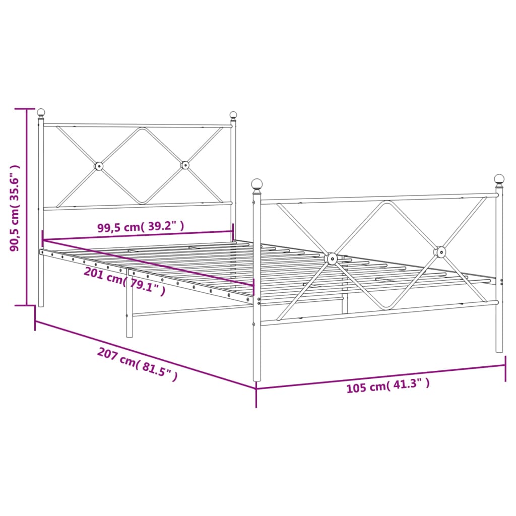 Metal Bed Frame with Headboard and Footboard Black 100x200 cm