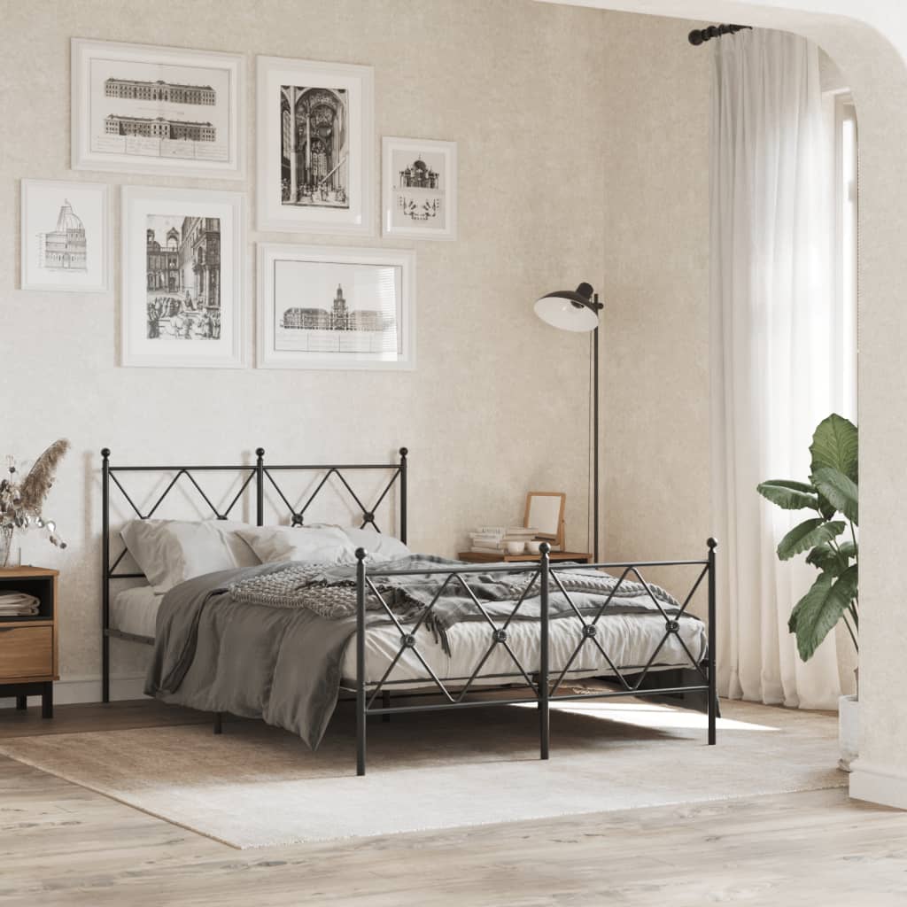 Metal Bed Frame with Headboard and Footboard Black 120x190 cm Small Double