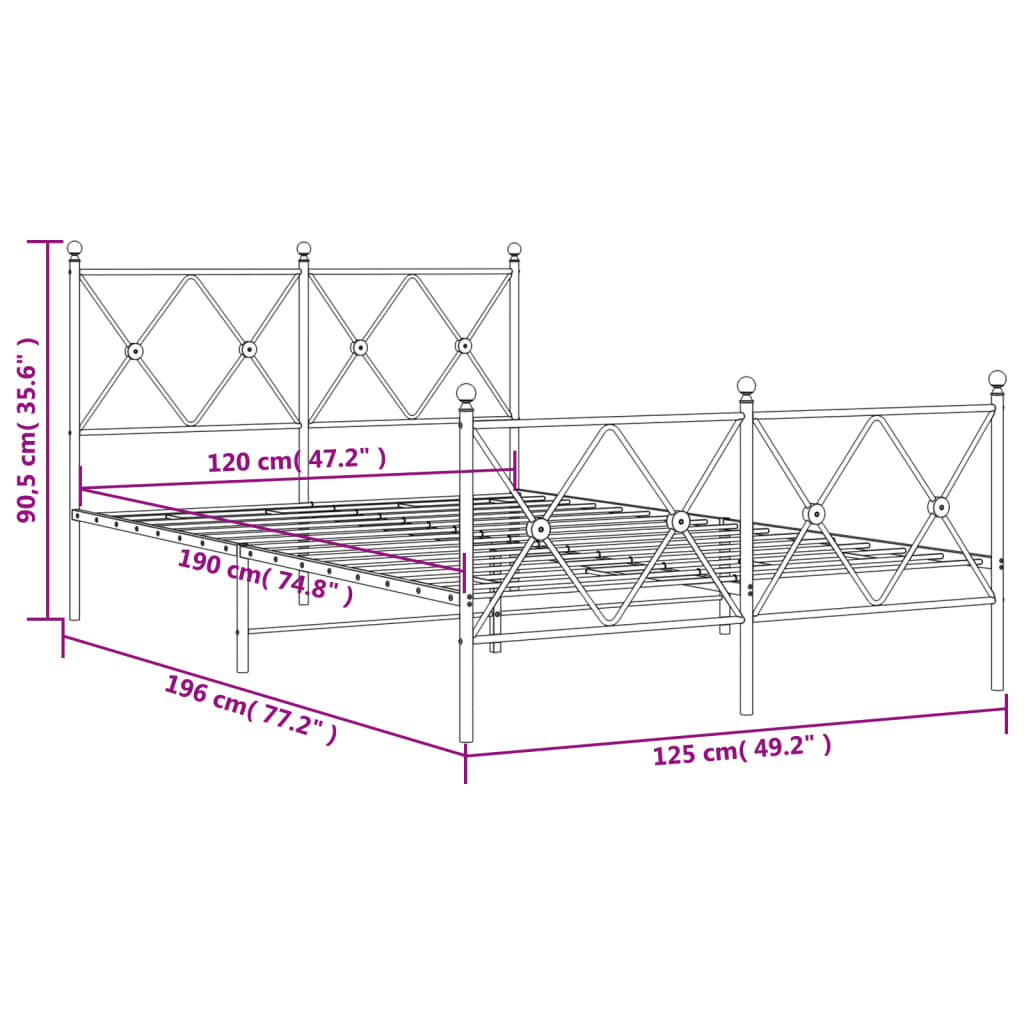 Metal Bed Frame with Headboard and Footboard Black 120x190 cm Small Double