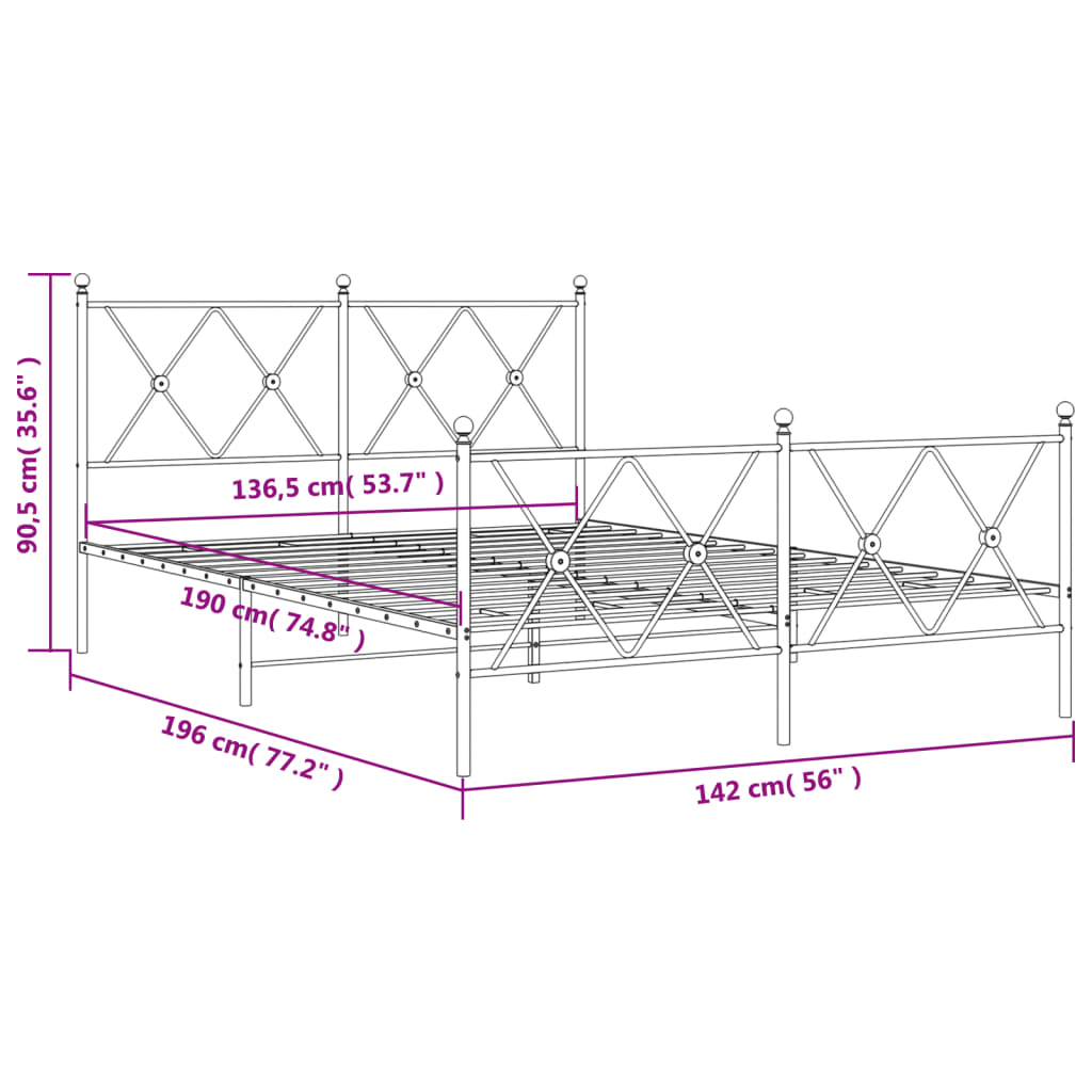 Metal Bed Frame with Headboard and Footboard Black 137x190 cm