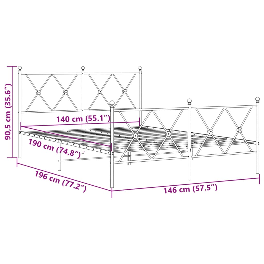 Metal Bed Frame with Headboard and Footboard Black 140x190 cm