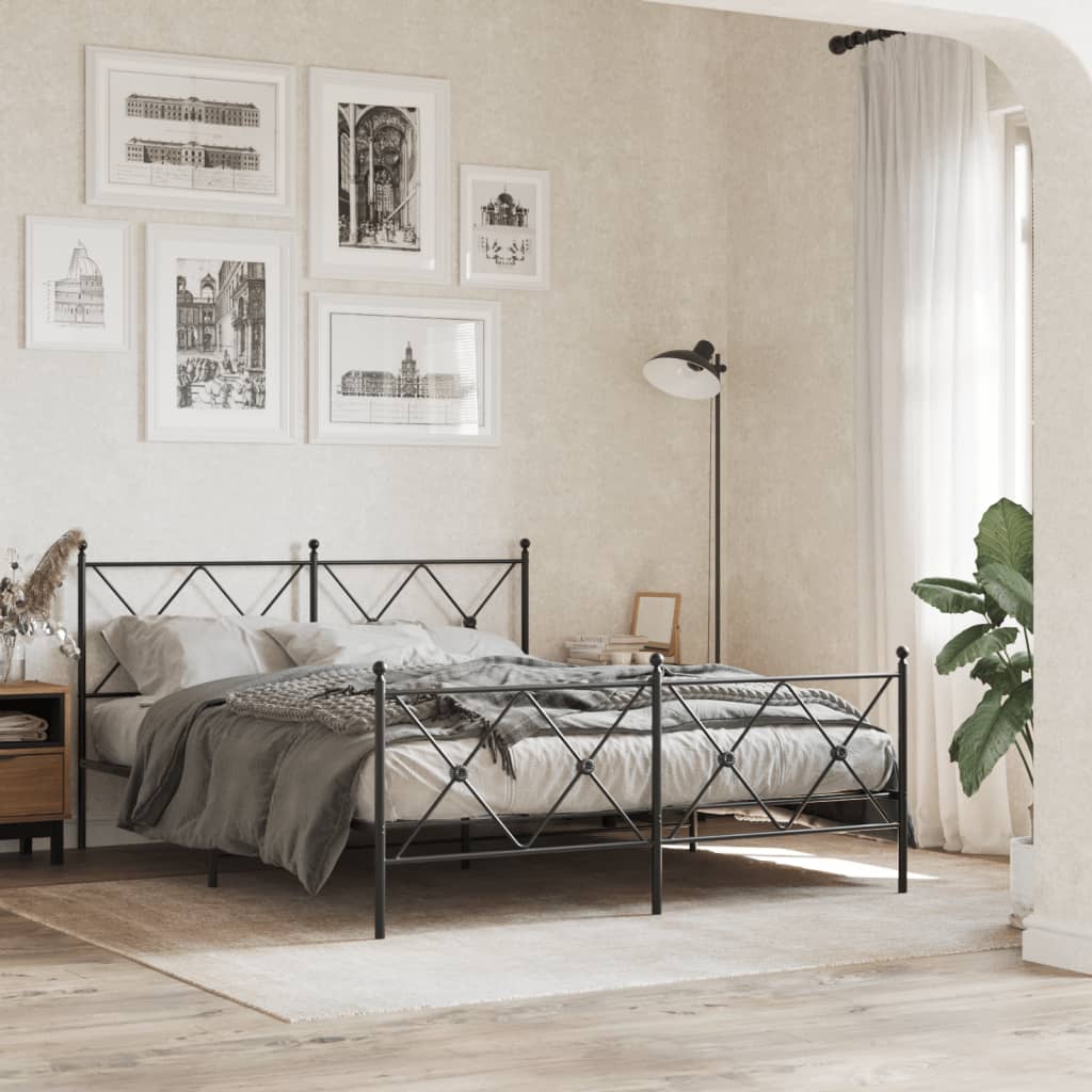 Metal Bed Frame with Headboard and Footboard Black 150x200 cm King Size