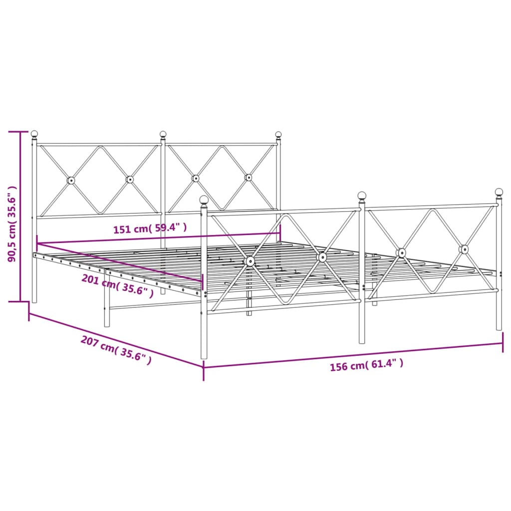 Metal Bed Frame with Headboard and Footboard Black 150x200 cm King Size