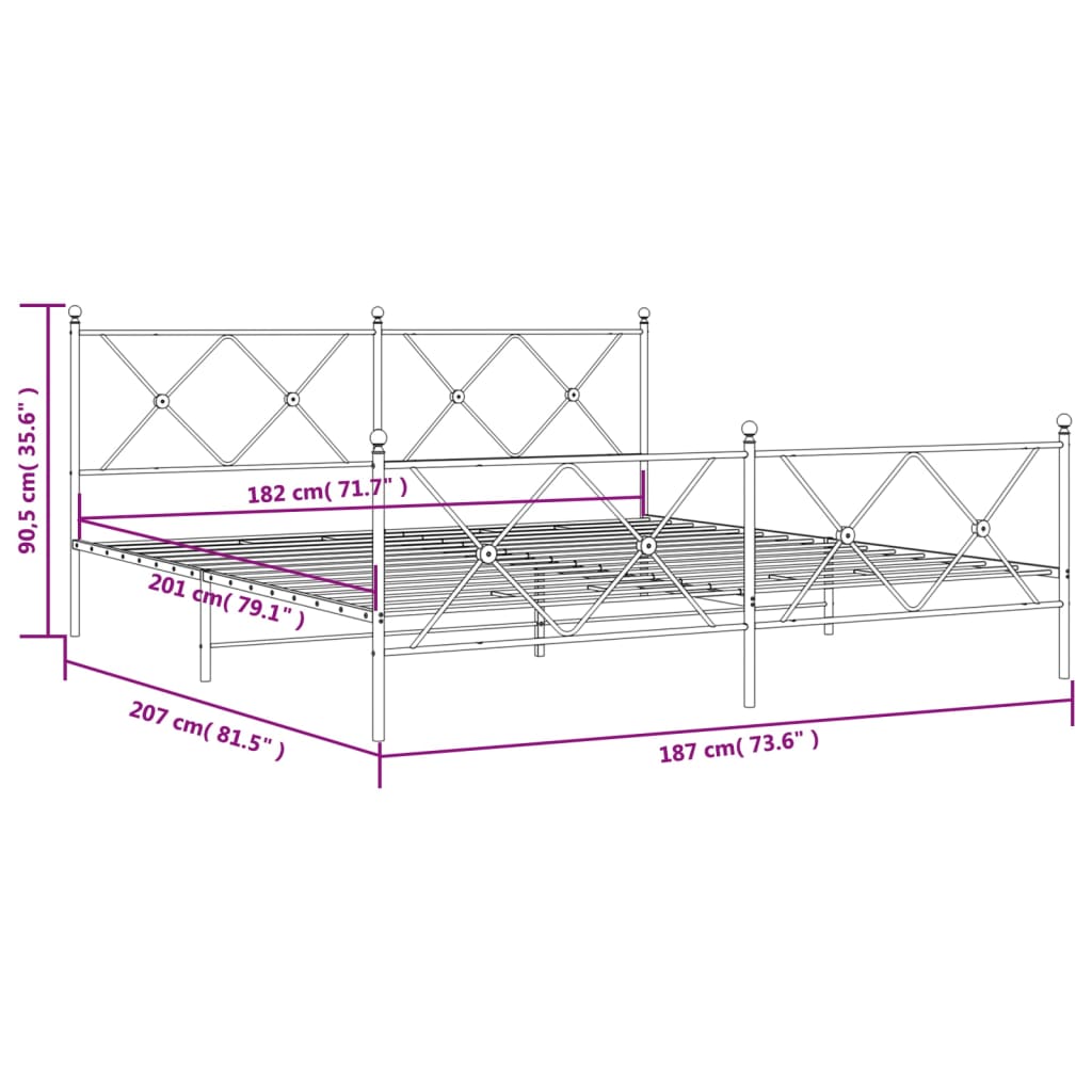 Metal Bed Frame with Headboard and Footboard Black 180x200 cm Super King