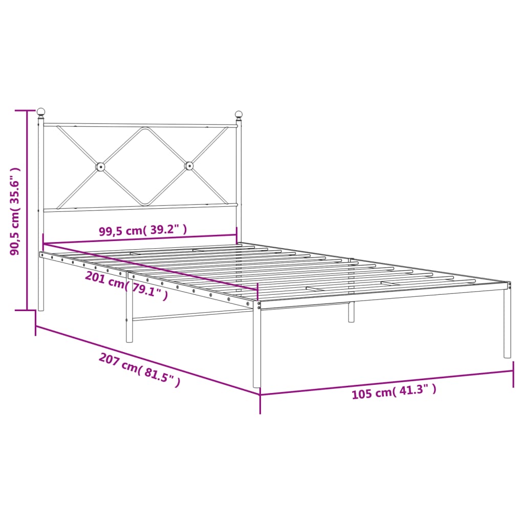 Metal Bed Frame with Headboard White 100x200 cm