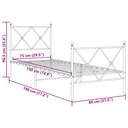 Metal Bed Frame with Headboard and Footboard White 75x190 cm Small Single