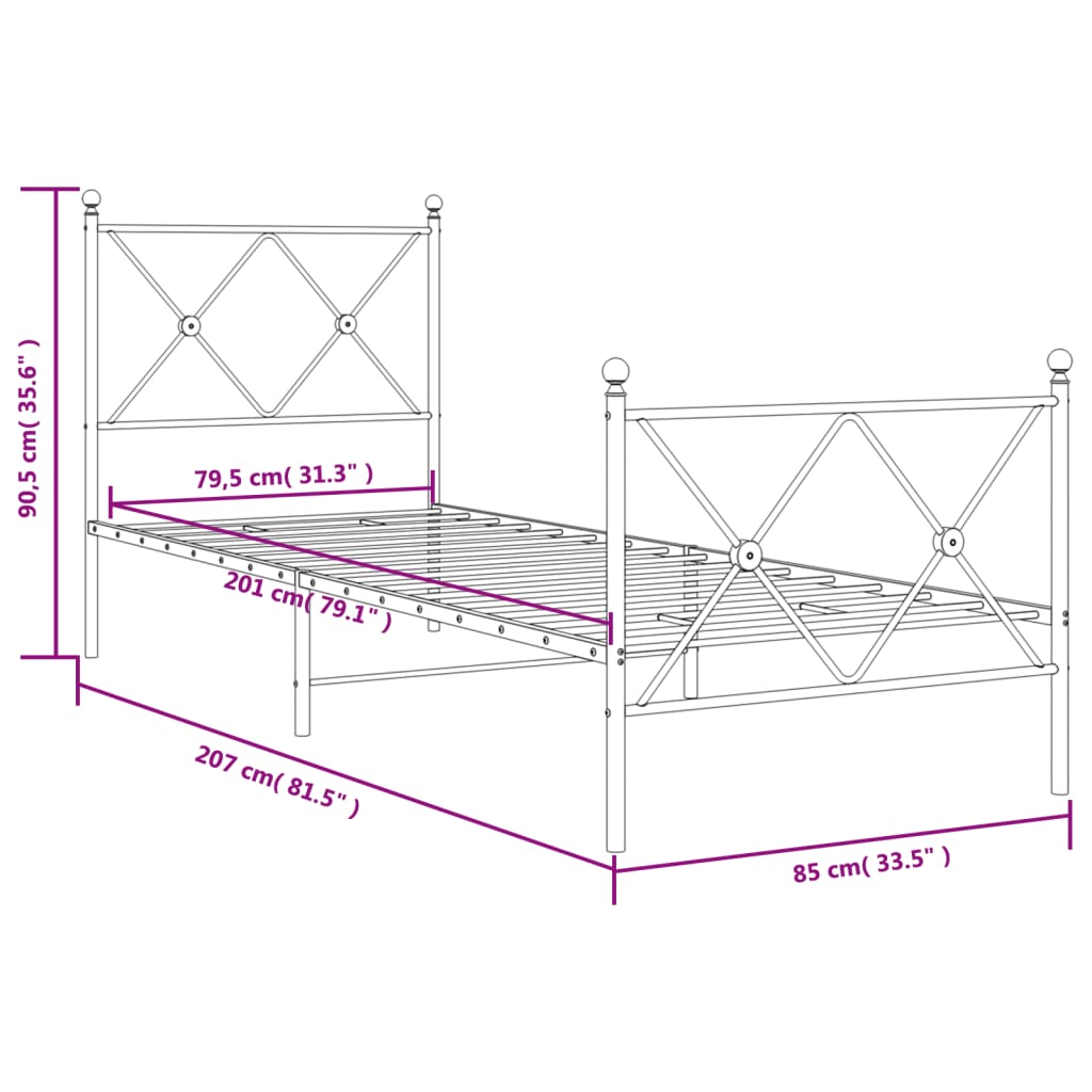 Metal Bed Frame with Headboard and Footboard White 80x200 cm