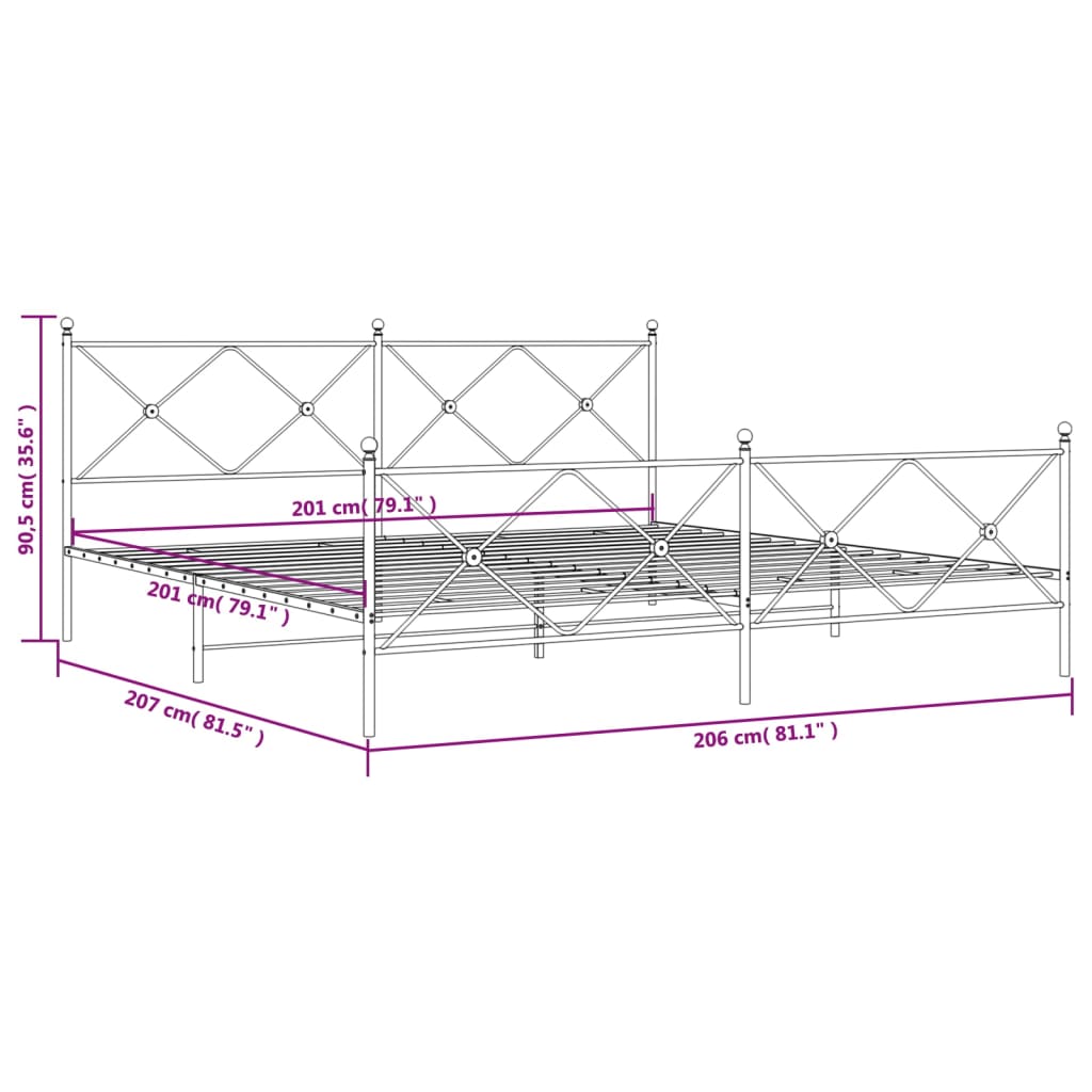 Metal Bed Frame without Mattress with Footboard White 200x200 cm