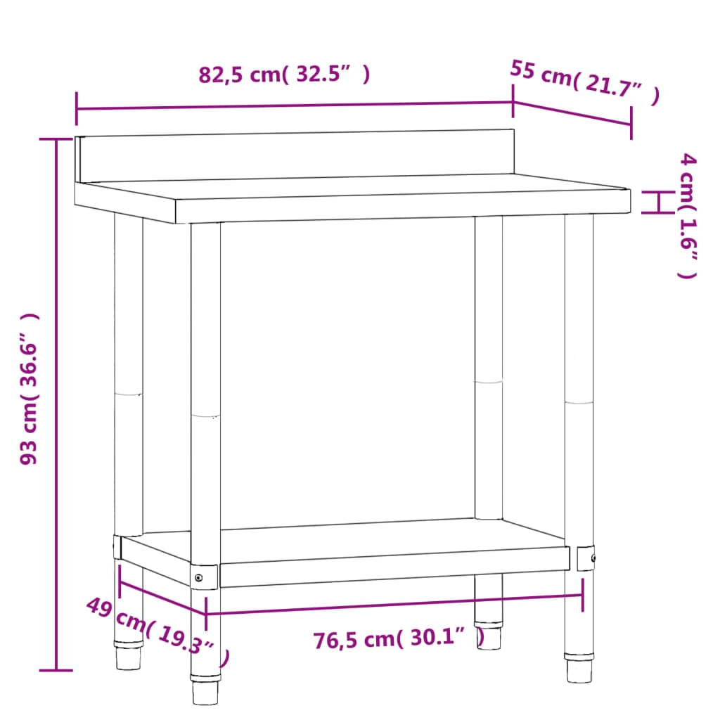 Kitchen Work Table with Backsplash 82.5x55x93 cm Stainless Steel