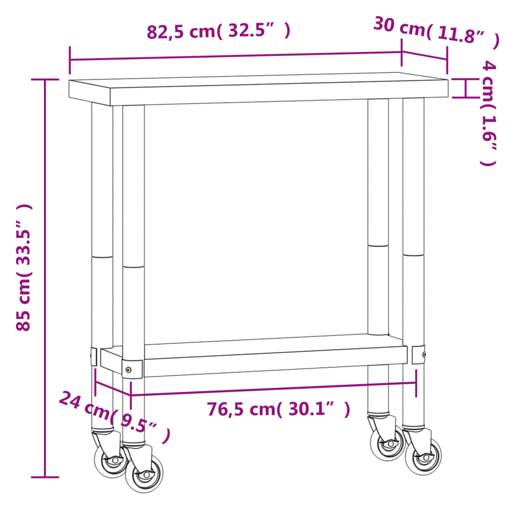 Kitchen Work Table with Wheels 82.5x30x85 cm Stainless Steel