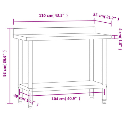 Kitchen Work Table with Backsplash 110x55x93 cm Stainless Steel