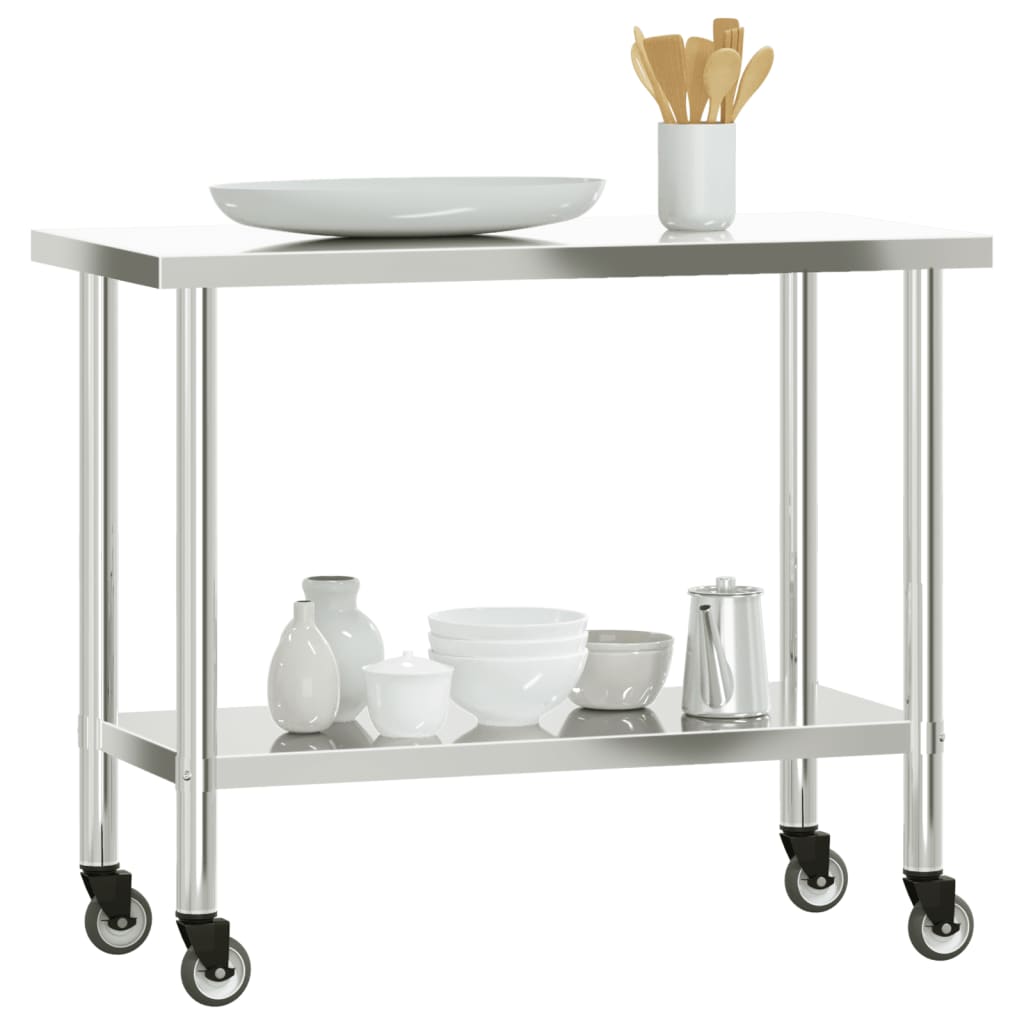 Kitchen Work Table with Wheels 110x55x85 cm Stainless Steel