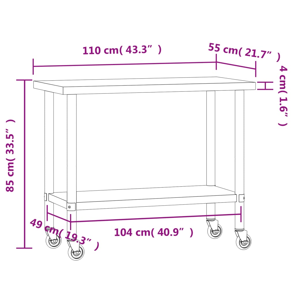 Kitchen Work Table with Wheels 110x55x85 cm Stainless Steel