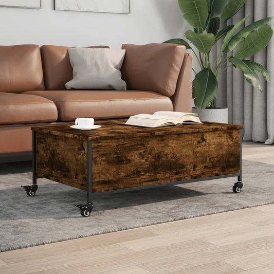 Coffee Table with Wheels Smoked Oak 91x55x34 cm Engineered Wood