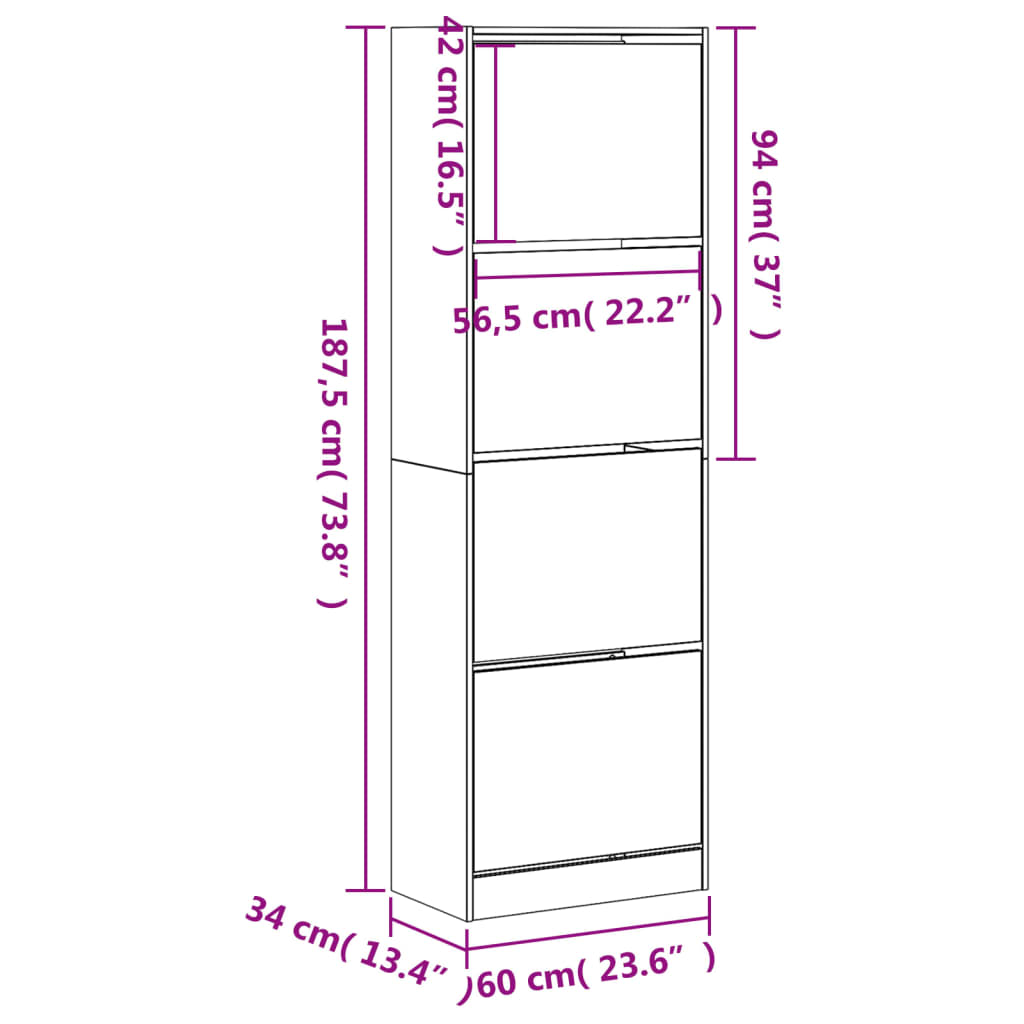 Shoe Cabinet with 4 Flip-Drawers Sonoma Oak 60x34x187.5 cm