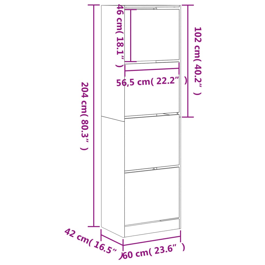 Shoe Cabinet with 4 Flip-Drawers Sonoma Oak 60x42x204 cm