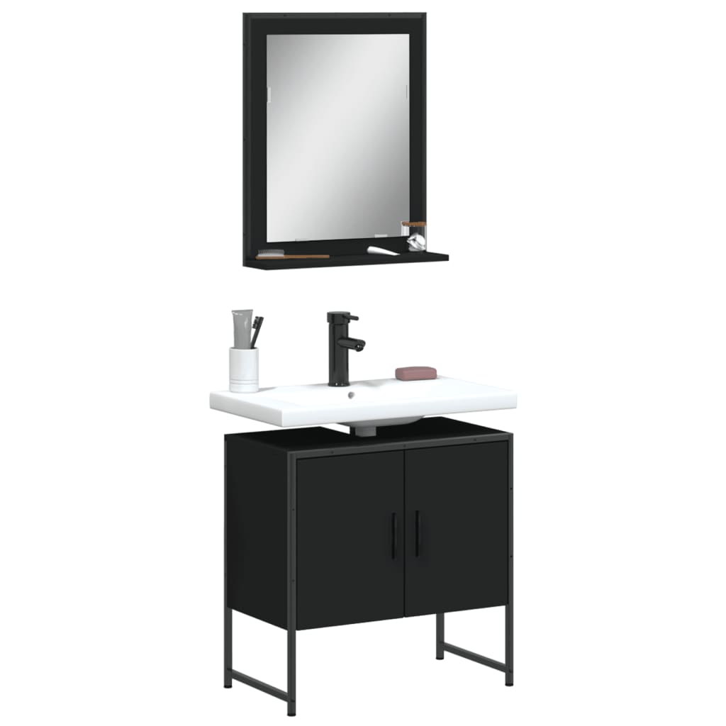 2 Piece Bathroom Cabinet Set Black Engineered Wood