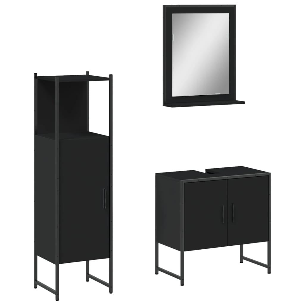 3 Piece Bathroom Cabinet Set Black Engineered Wood