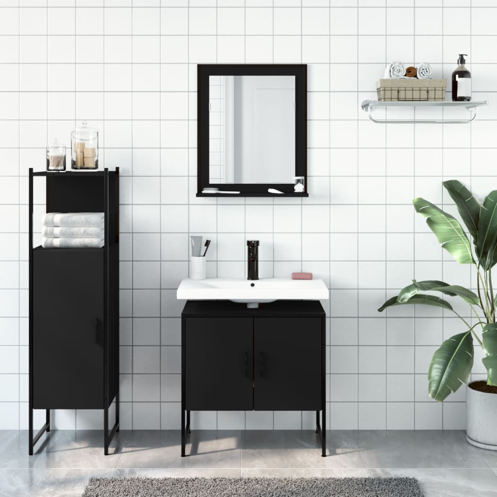 3 Piece Bathroom Cabinet Set Black Engineered Wood