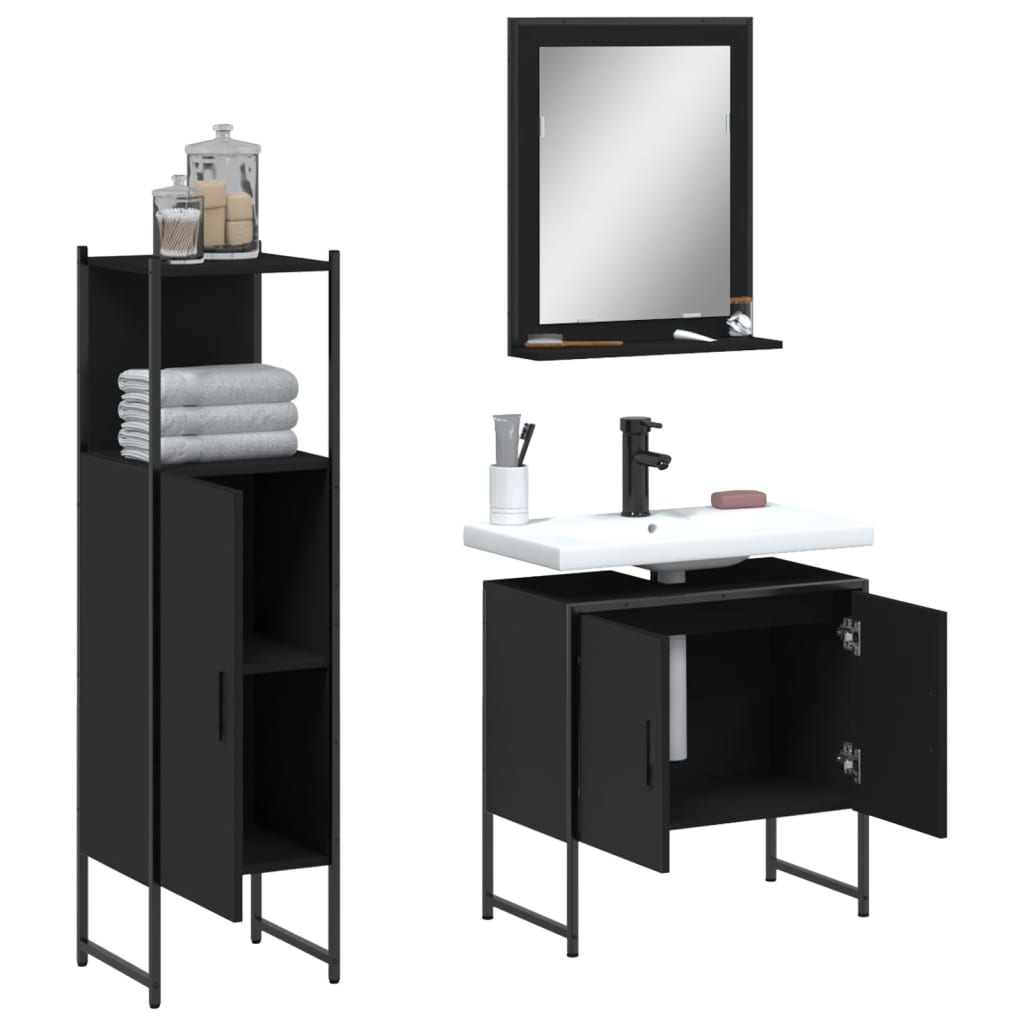 3 Piece Bathroom Cabinet Set Black Engineered Wood