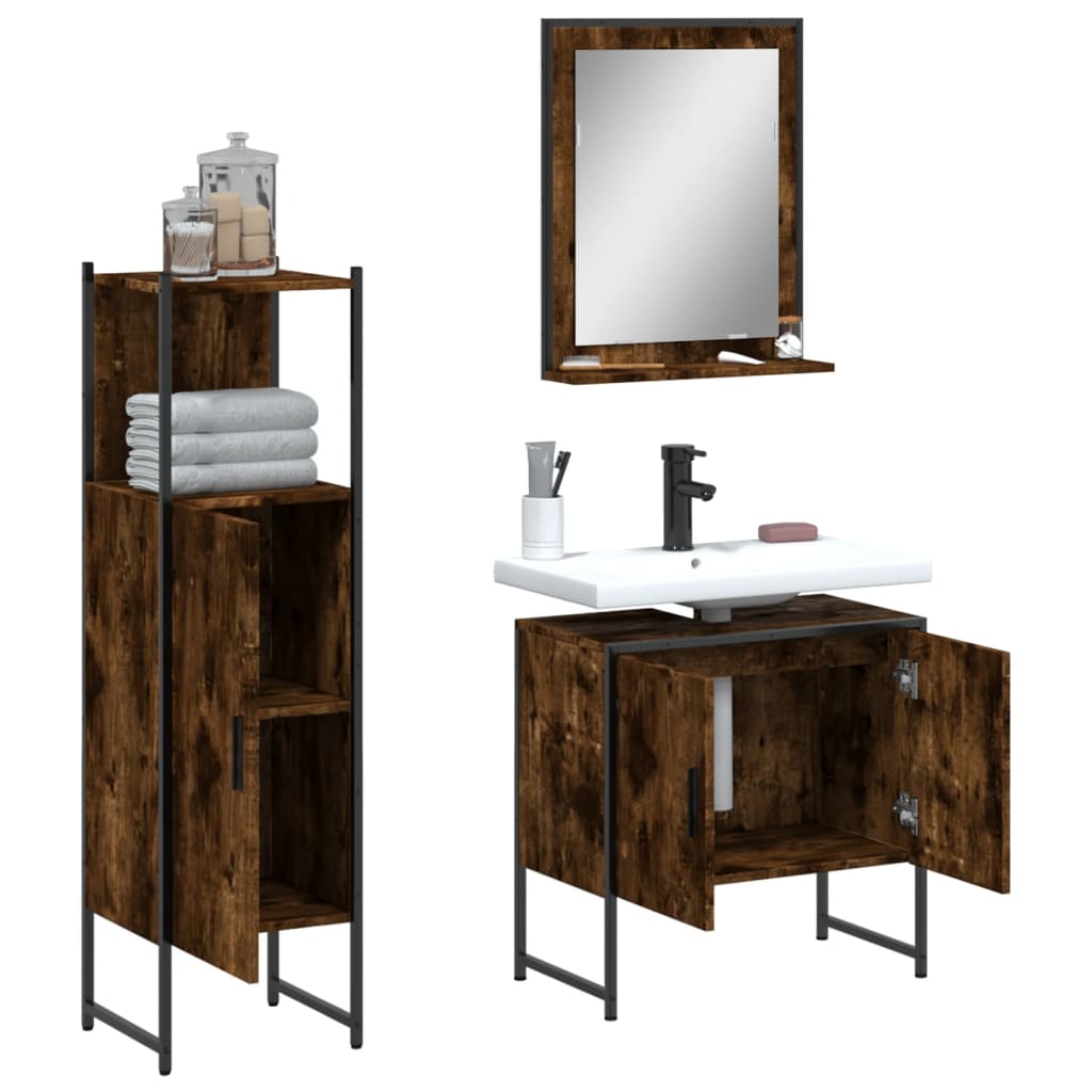 3 Piece Bathroom Cabinet Set Smoked Oak Engineered Wood