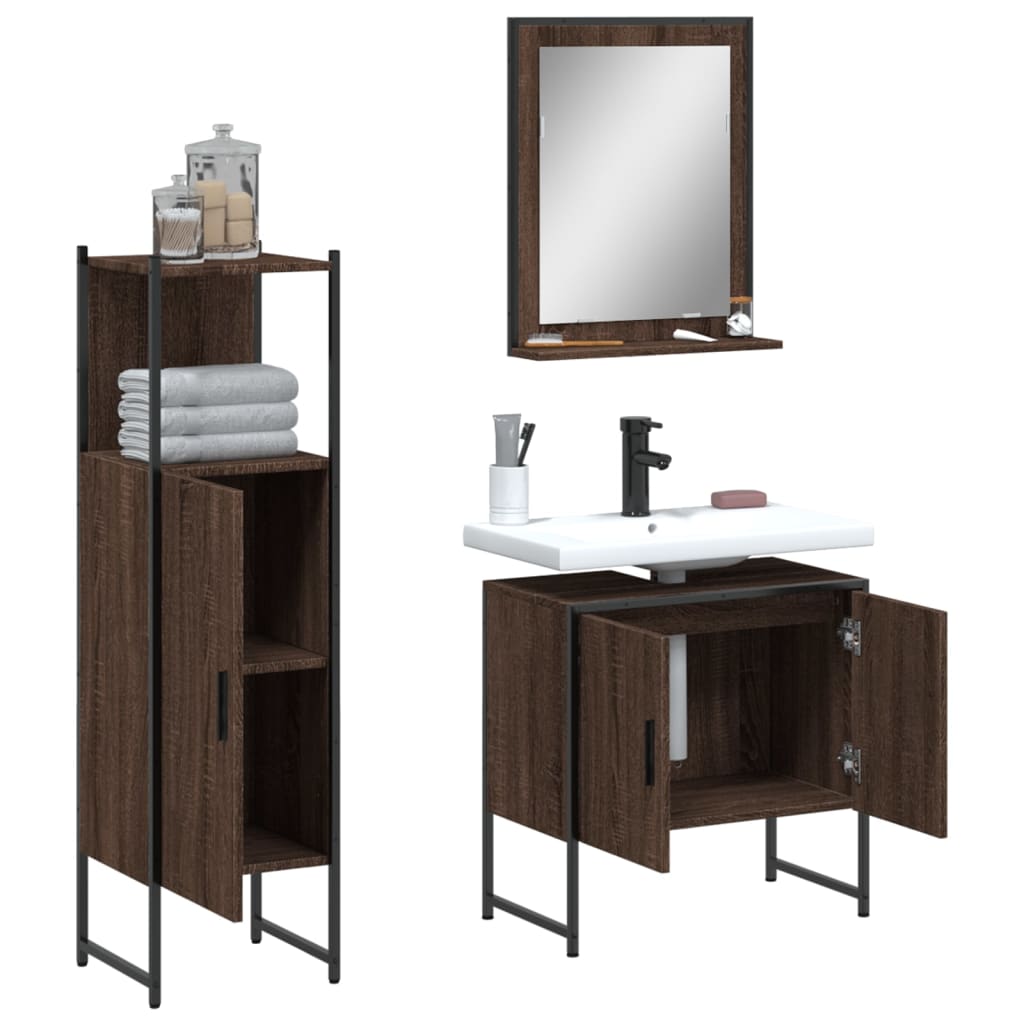 3 Piece Bathroom Cabinet Set Brown Oak Engineered Wood