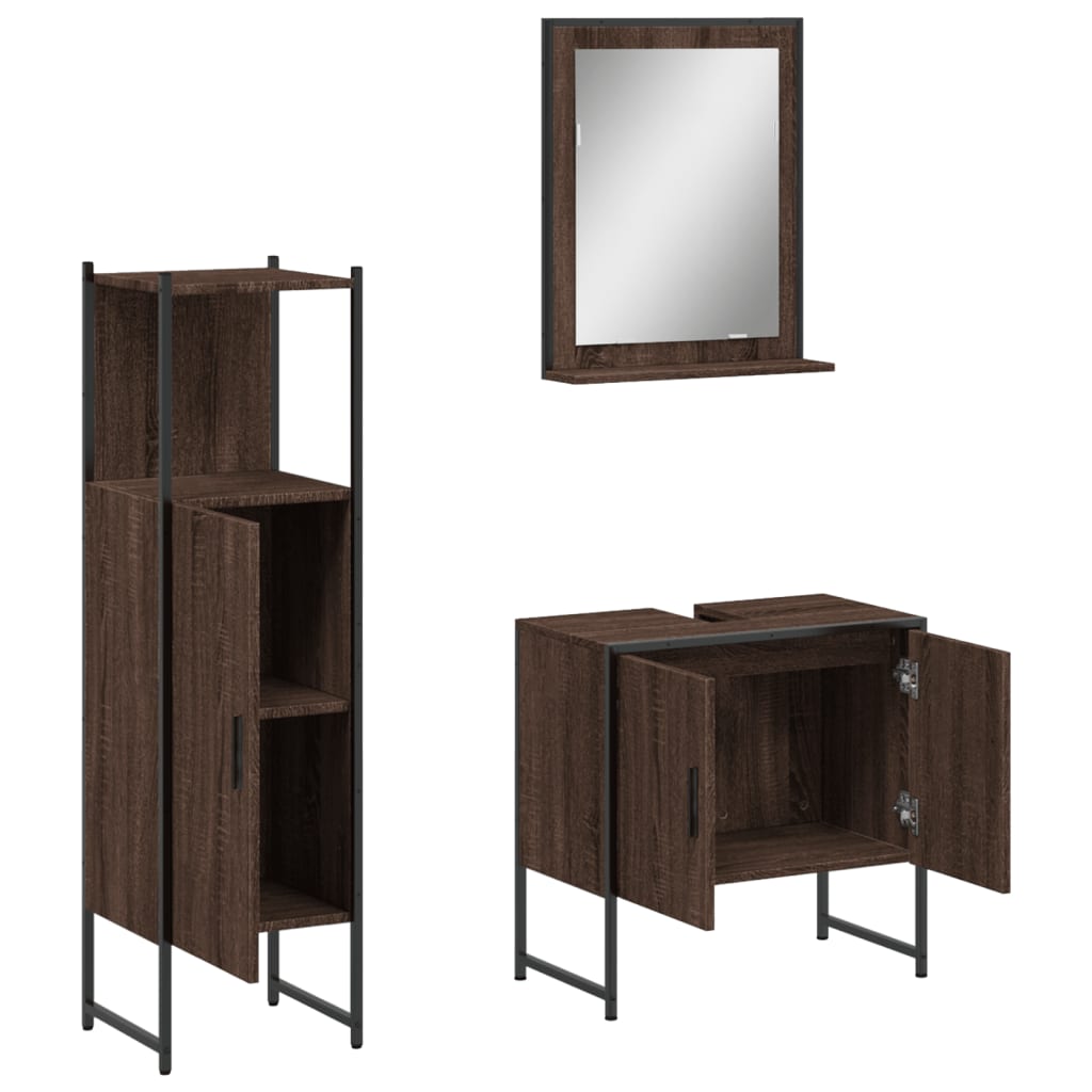 3 Piece Bathroom Cabinet Set Brown Oak Engineered Wood