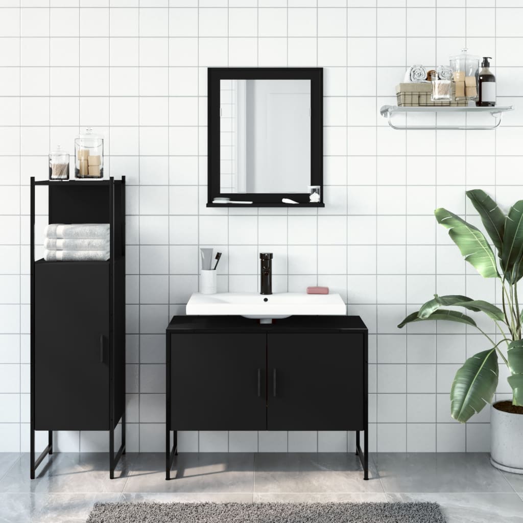 3 Piece Bathroom Cabinet Set Black Engineered Wood