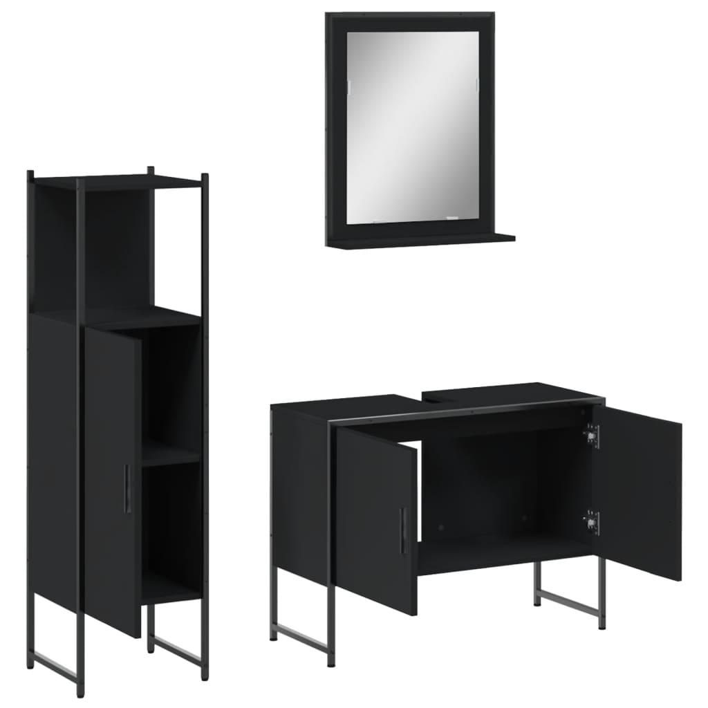 3 Piece Bathroom Cabinet Set Black Engineered Wood