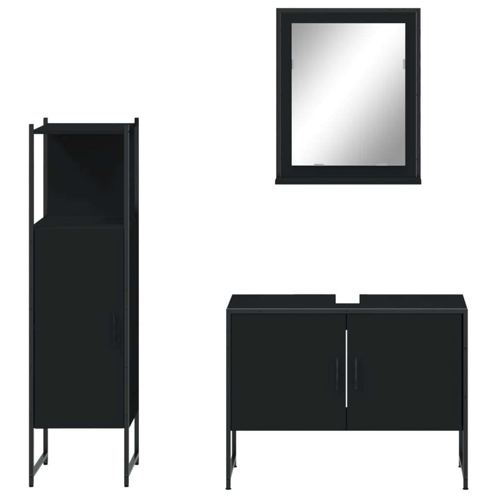 3 Piece Bathroom Cabinet Set Black Engineered Wood