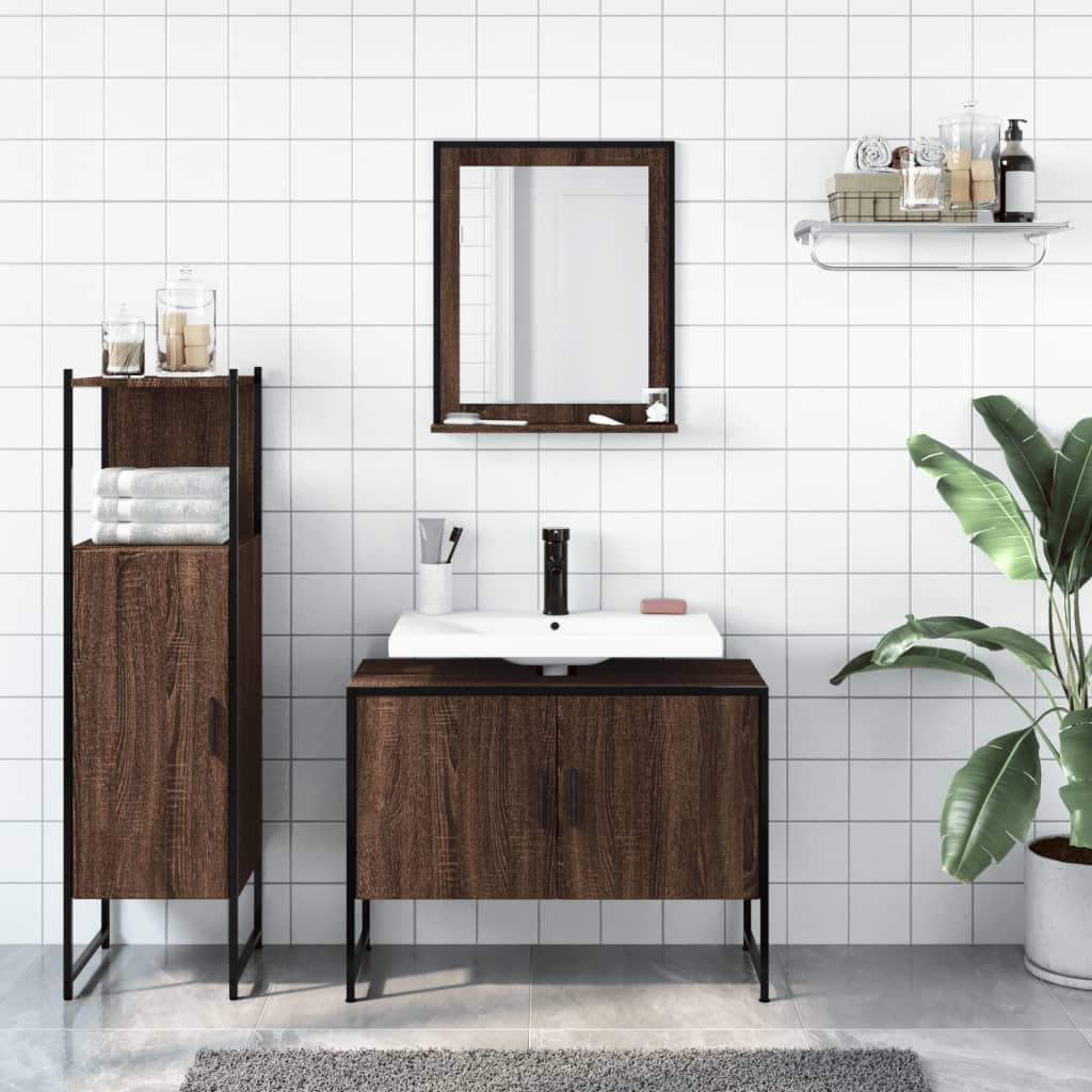 3 Piece Bathroom Cabinet Set Brown Oak Engineered Wood