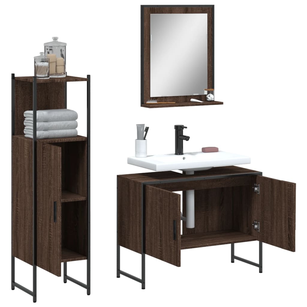 3 Piece Bathroom Cabinet Set Brown Oak Engineered Wood