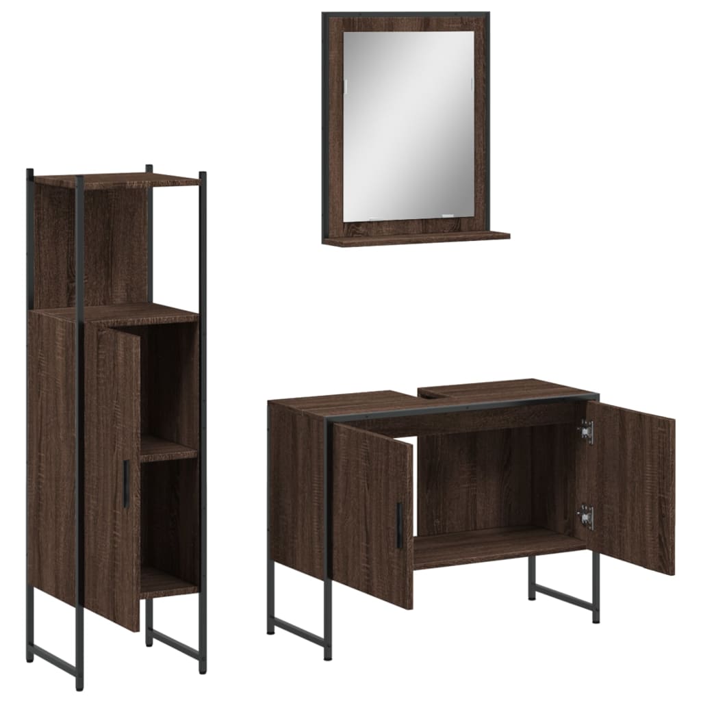 3 Piece Bathroom Cabinet Set Brown Oak Engineered Wood