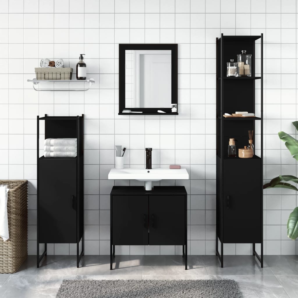 4 Piece Bathroom Cabinet Set Black Engineered Wood