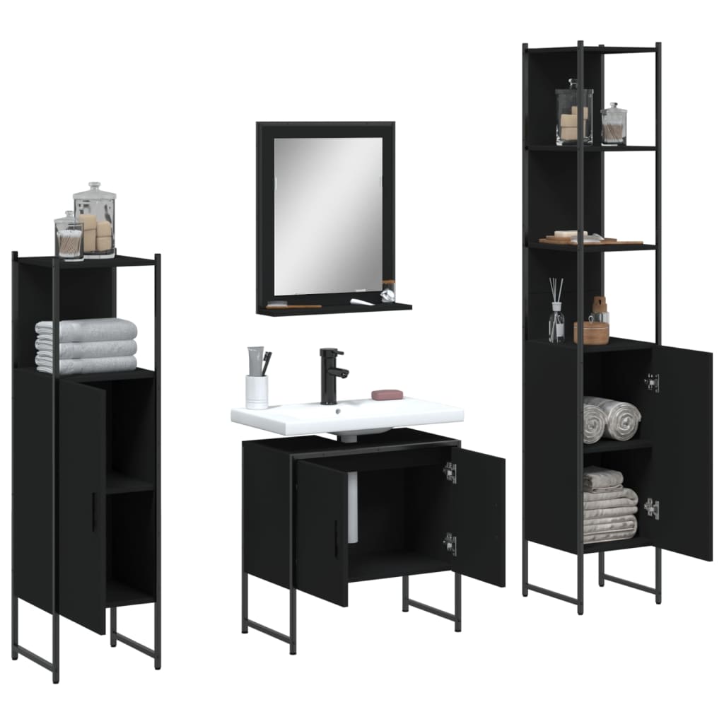 4 Piece Bathroom Cabinet Set Black Engineered Wood