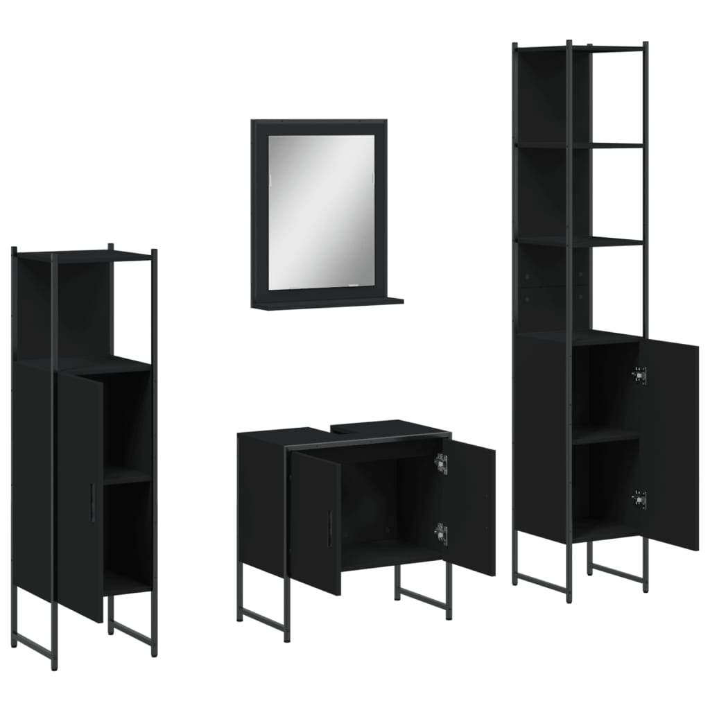 4 Piece Bathroom Cabinet Set Black Engineered Wood