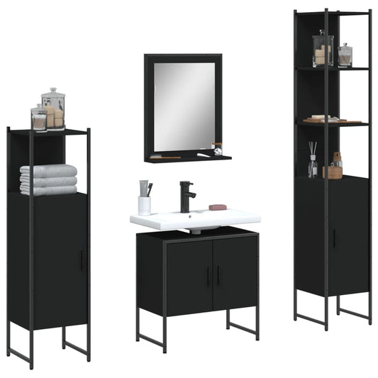 4 Piece Bathroom Cabinet Set Black Engineered Wood