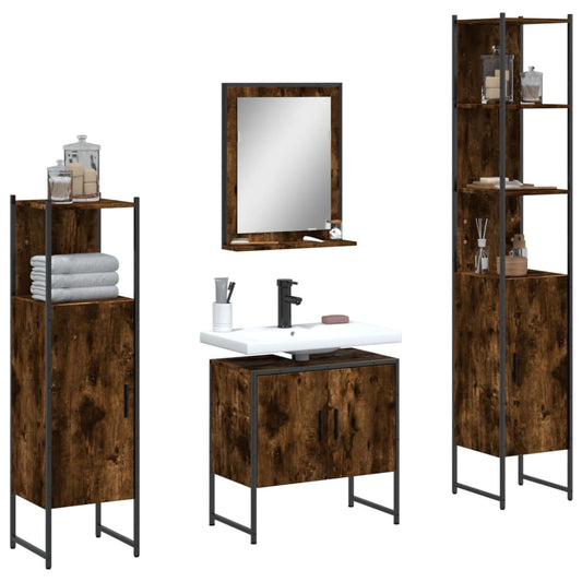 4 Piece Bathroom Cabinet Set Smoked Oak Engineered Wood