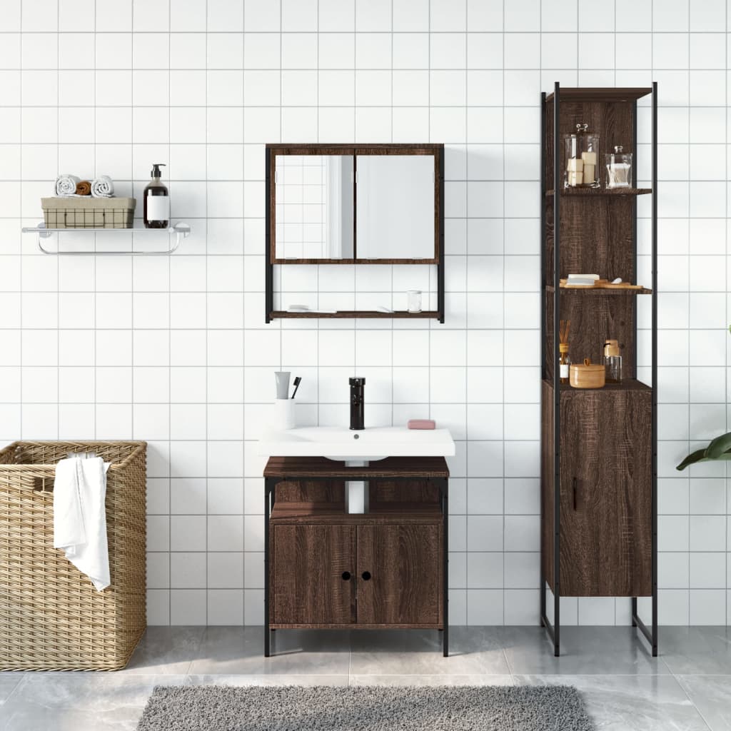 3 Piece Bathroom Furniture Set Brown Oak Engineered Wood