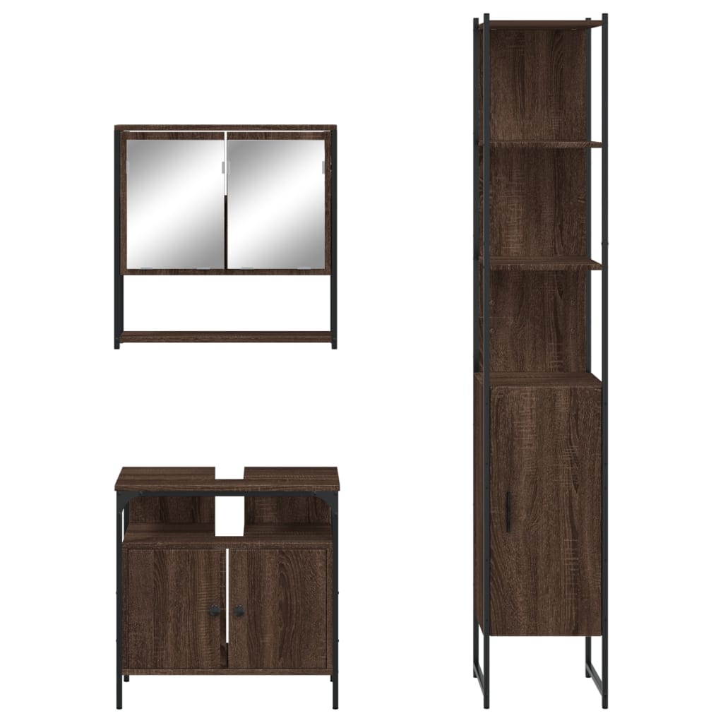 3 Piece Bathroom Furniture Set Brown Oak Engineered Wood