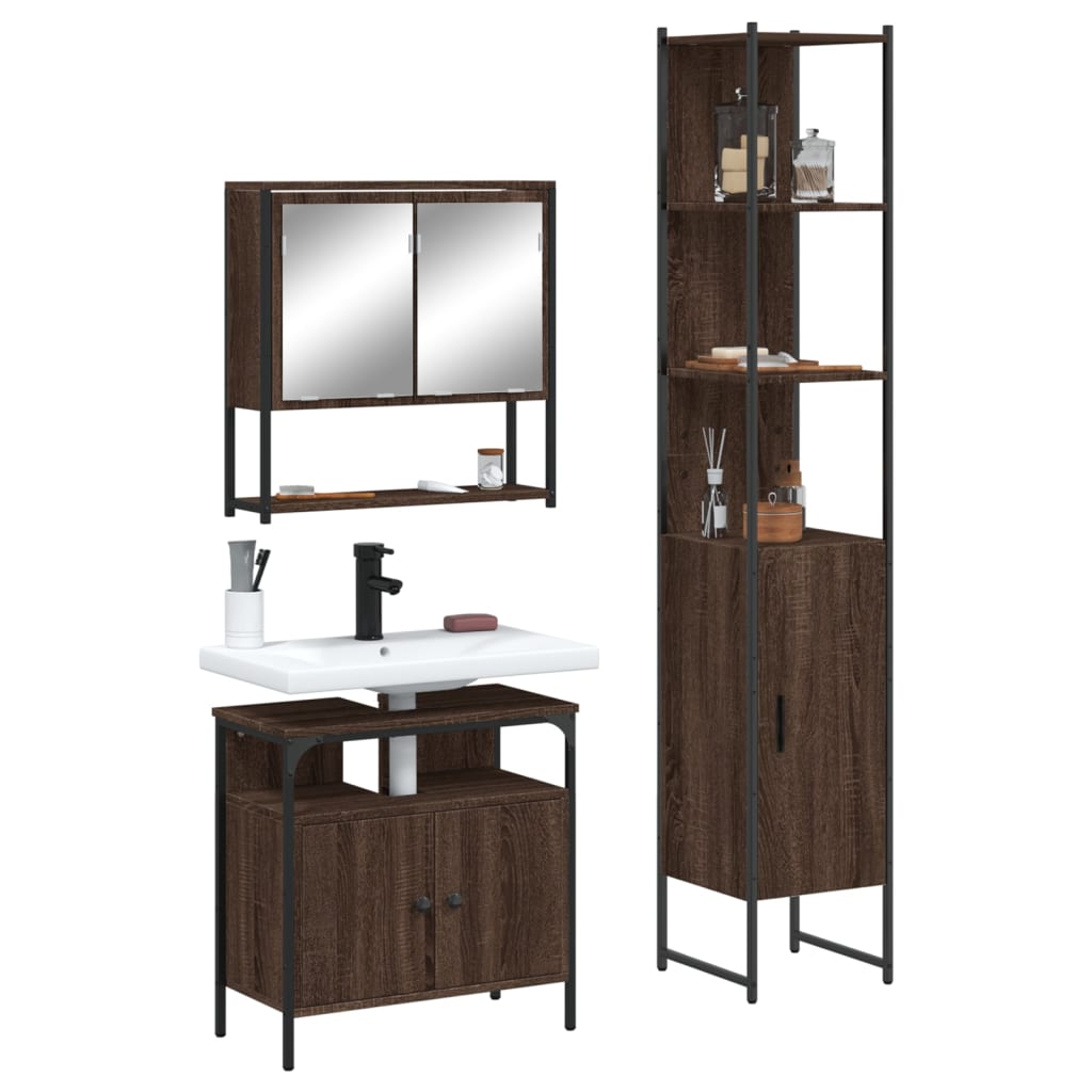 3 Piece Bathroom Furniture Set Brown Oak Engineered Wood