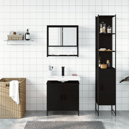 3 Piece Bathroom Furniture Set Black Engineered Wood