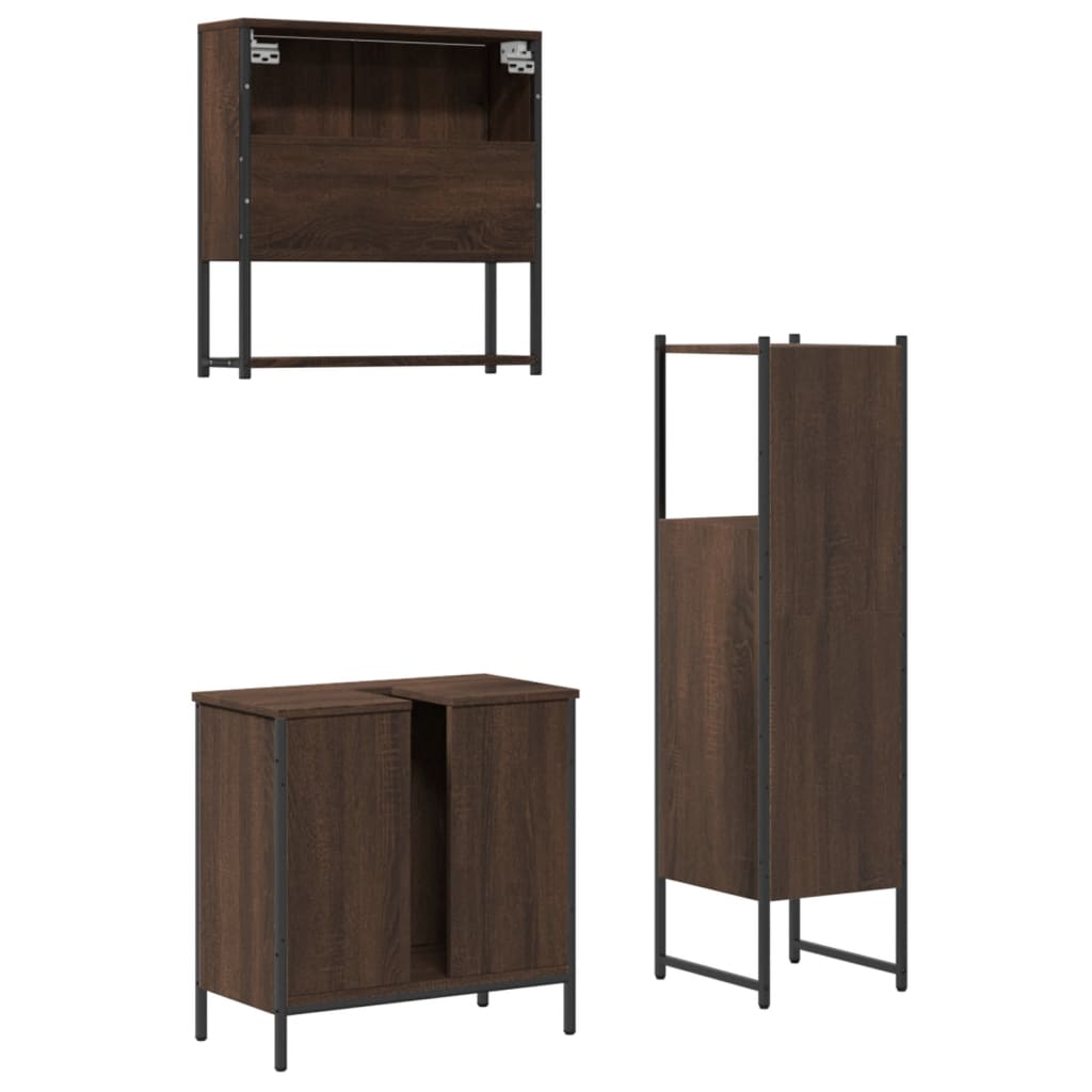 3 Piece Bathroom Furniture Set Brown Oak Engineered Wood