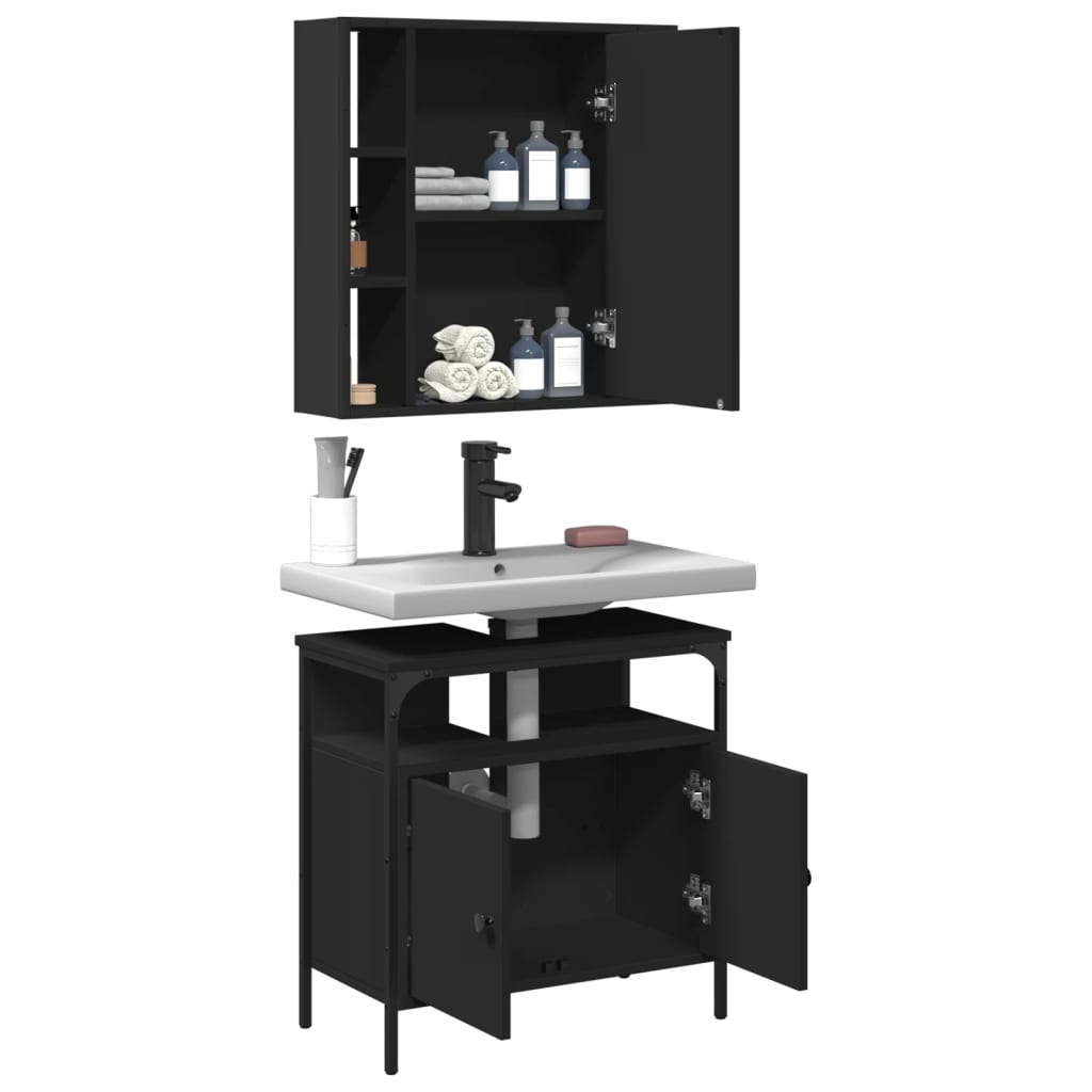 2 Piece Bathroom Furniture Set Black Engineered Wood