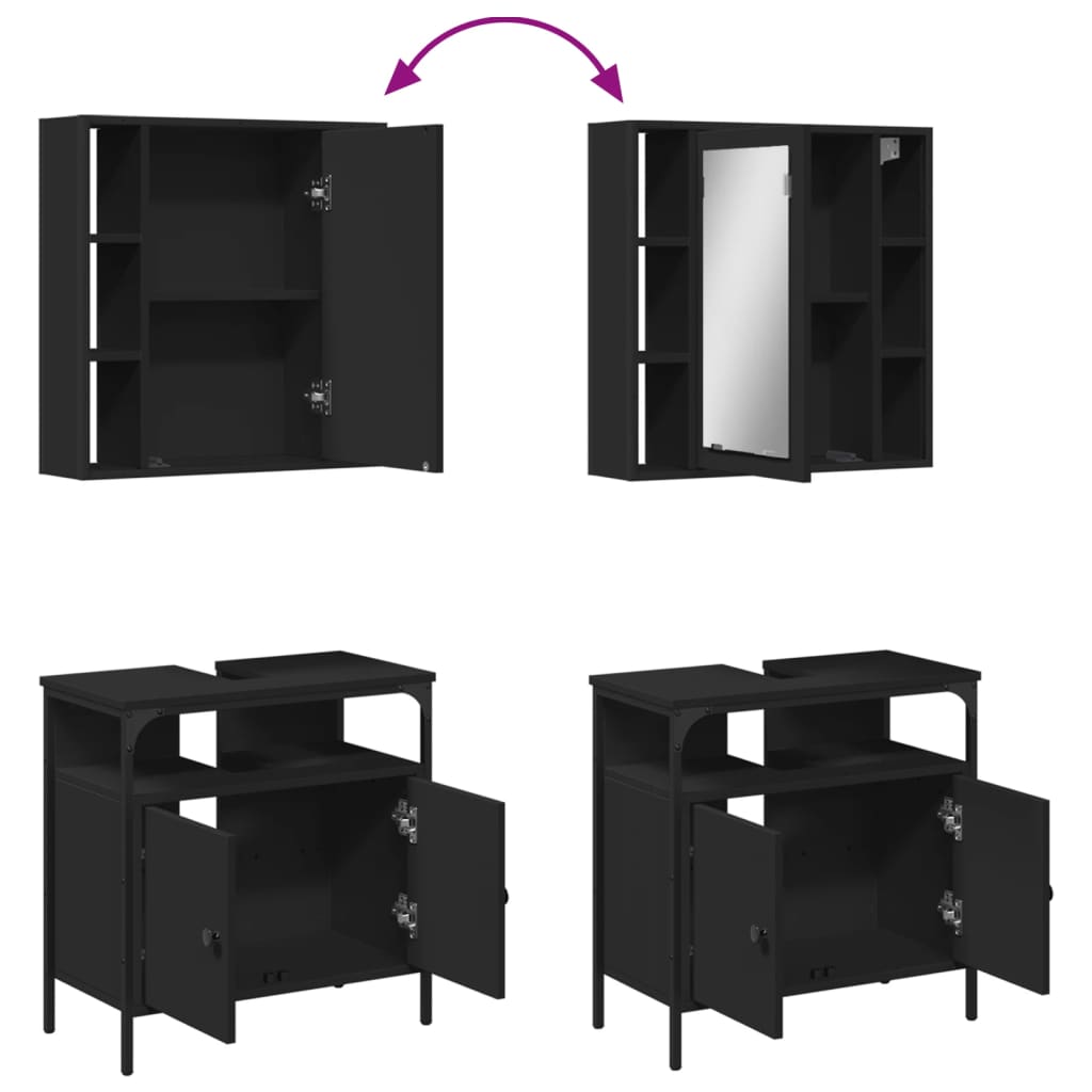 2 Piece Bathroom Furniture Set Black Engineered Wood