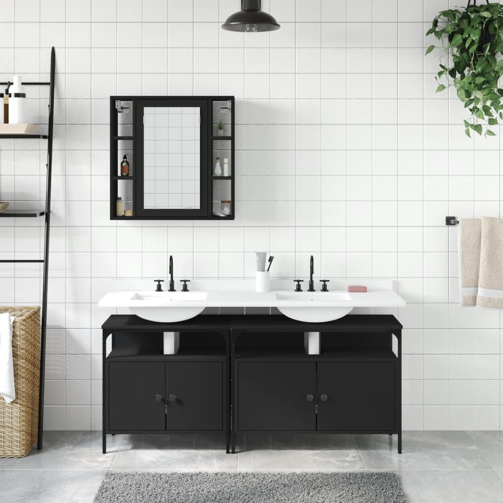 3 Piece Bathroom Cabinet Set Black Engineered Wood