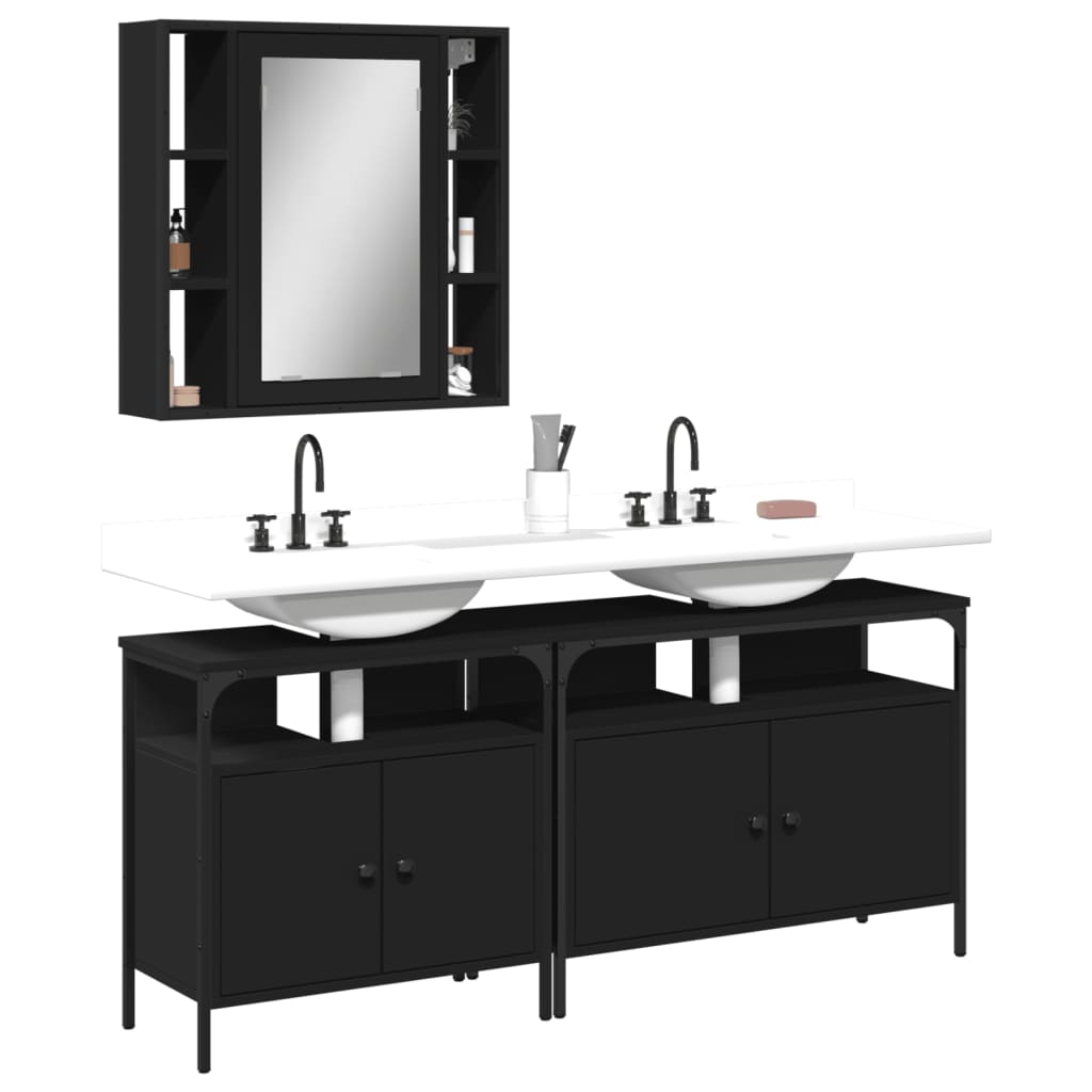 3 Piece Bathroom Cabinet Set Black Engineered Wood