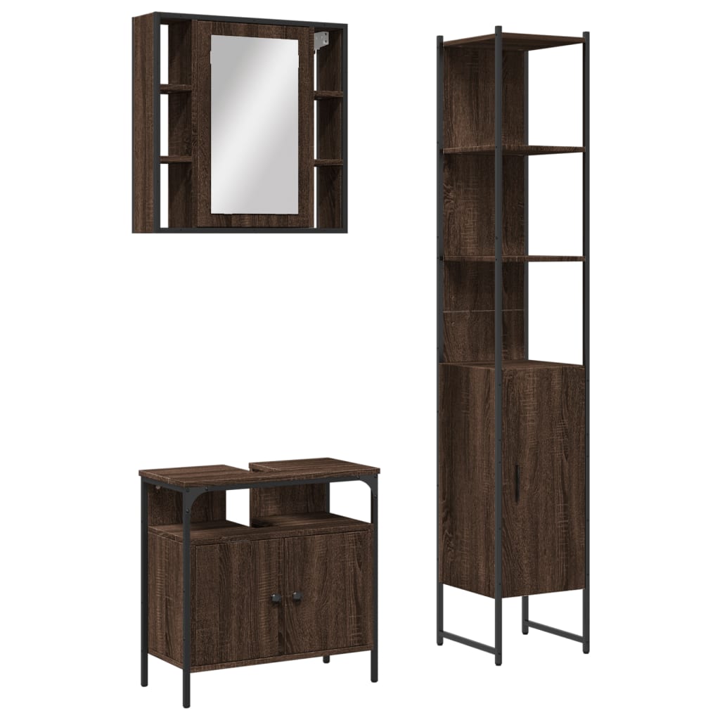 3 Piece Bathroom Cabinet Set Brown Oak Engineered Wood