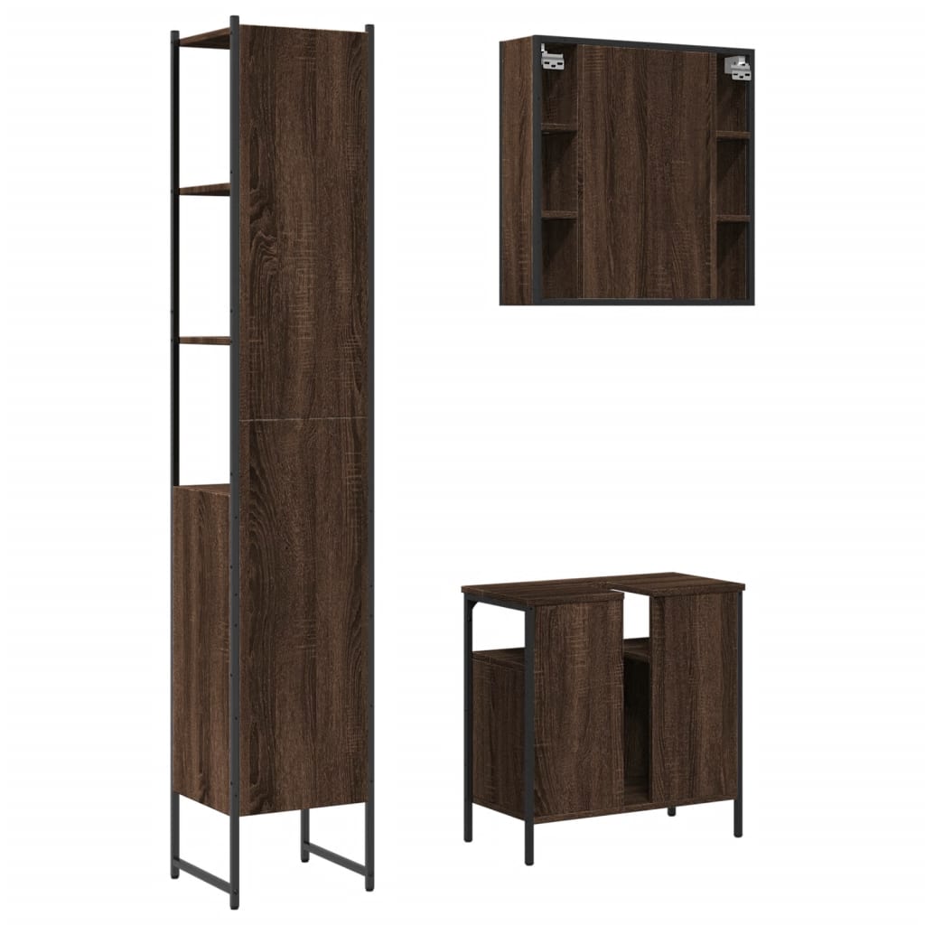 3 Piece Bathroom Cabinet Set Brown Oak Engineered Wood