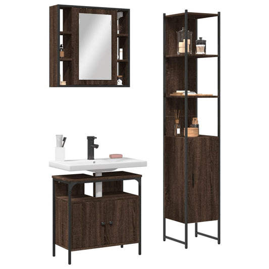 3 Piece Bathroom Cabinet Set Brown Oak Engineered Wood